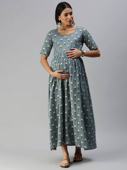 Swishchick - Grey Printed Fit and Flare Maternity Dress