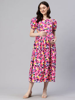 Swishchick - White Pink Floral Maternity Dress