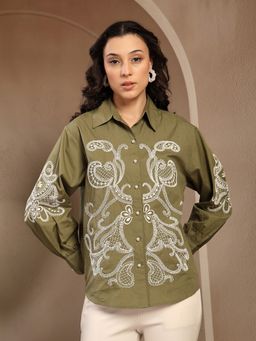 Gipsy - Olive Embroidered Cotton Shirt