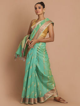Indethnic - Banarasi Green Woven Design Party Wear Saree With Unstitched Blouse
