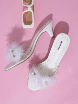 KNEETOES - Women White Soft Fur Pearl Kitten Heels