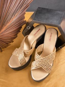 KNEETOES - Women Dazzling Gold Criss-Cross Party High Heels