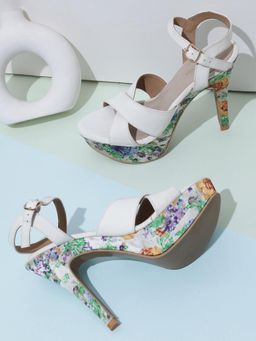 KNEETOES - Women Pretty Floral Print White High Stiletto Heels