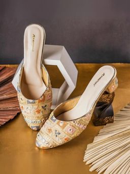 KNEETOES - Women Luxe Beige Embroidered Mules Heels