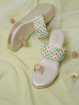 KNEETOES - Women Sparkly Gold Beaded Wedges Heels