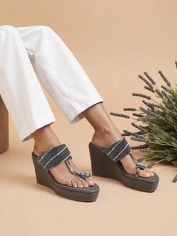 KNEETOES - Women Dazzling Grey Beaded Wedges Heels