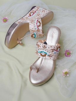 KNEETOES - Women Fusion Beaded Glam Rose-Gold Wedges Heels
