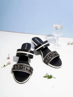 KNEETOES - Women Bold Black Embroidered Wedges Heels