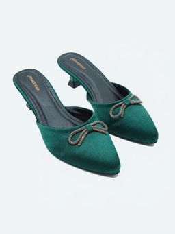 KNEETOES - Women Dark-Green Solid Bow Spool Mules Heels