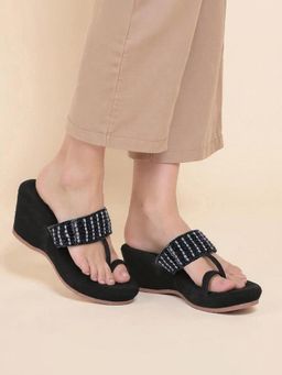 KNEETOES - Women Black Beaded Stone-Work Wedges Heels