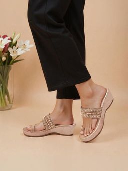 KNEETOES - Women Rose-Gold Beaded Wedges Heels