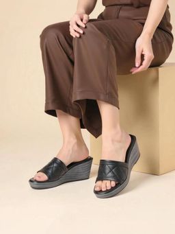 KNEETOES - Women Black Quilted Wedges Heels