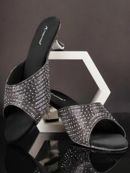 KNEETOES - Women Sparkle Studs Black Block Heels