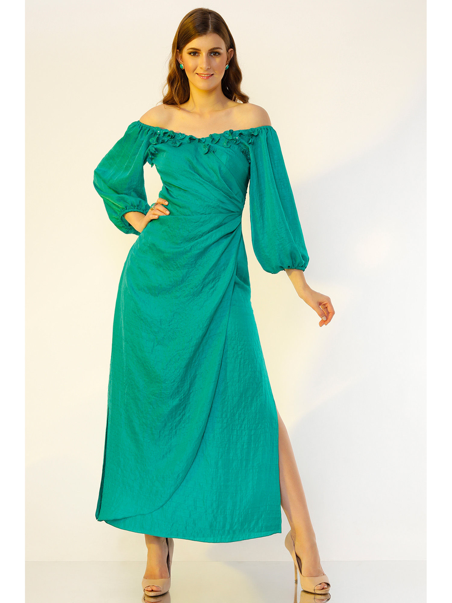 wendell rodricks Dark Turquoise Hand Embroidered Gown-picture-15