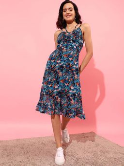 STREET 9 - Navy Blue Printed Knee Length Dress