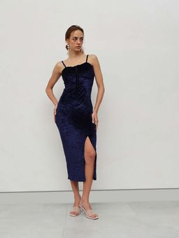 STREET 9 - Navy Blue Velvet Slit Dress