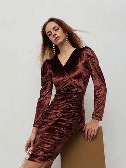 STREET 9 - Brown V-Neck Gathered Dress