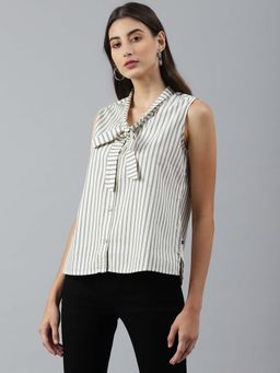 Xpose - Women Grey Stripes Tie Up Neck Shirt Style Top