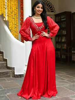 Lavanya The Label - Red Silk Embroidered Anarkali Dress with Jacket (Set of 2)
