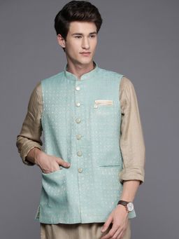 Manyavar - Blue Sleeveless Mandarin Collar Nehru Jacket