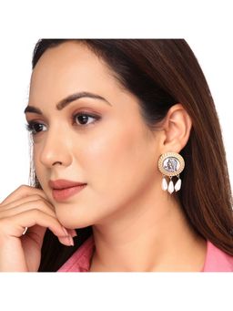 Yellow Chimes - Gold Tone Pearl Bead Hanging Round Girl Embellished Statement Earrings