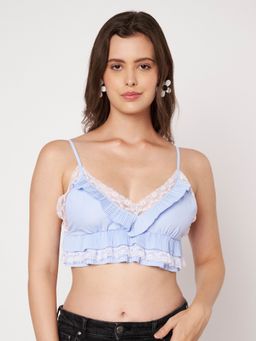 AMAGYAA - Blue Ruffle Details with Lace Crop Top