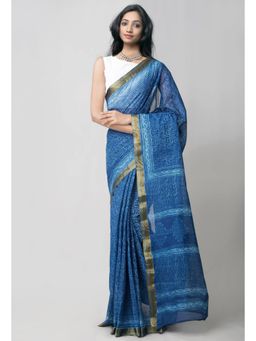 Unnati Silks - Indigo Blue Pure Preet Dabu Mulmul Cotton Saree with Unstitched Blouse