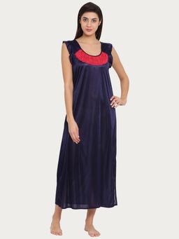 Clovia - Long Night Dress In with Lace Satin Navy Blue
