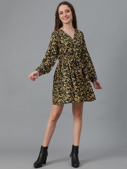 KOTTY - Women Fit & Flared Black & Yellow Printed Mini Dress