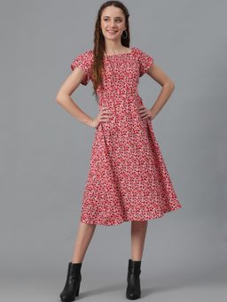 KOTTY - Women Fit & Flared Floral Printed Red Midi Dress