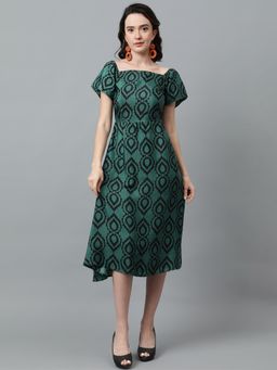 KOTTY - Women Fit & Flared Printed Green Knee Length Dress