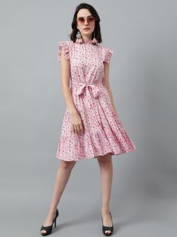 KOTTY - Women Fit & Flared Printed Pink Knee Length Dress with Belt (Set of 2)