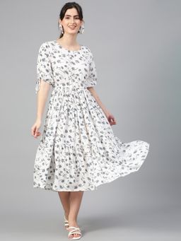 KOTTY - Women Fit & Flared Floral Print White Midi Dress