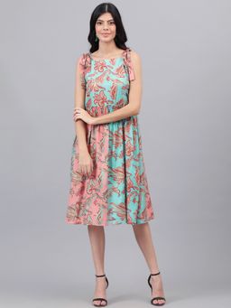 KOTTY - Women Polyester Printed Fit & Flared Knee Length Dress Blue & Pink