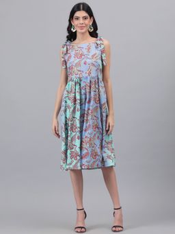 KOTTY - Women Polyester Printed Fit & Flared Knee Length Dress Blue & Red