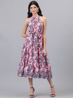 KOTTY - Women Fit & Flared Paisley Print Pink Midi Dress
