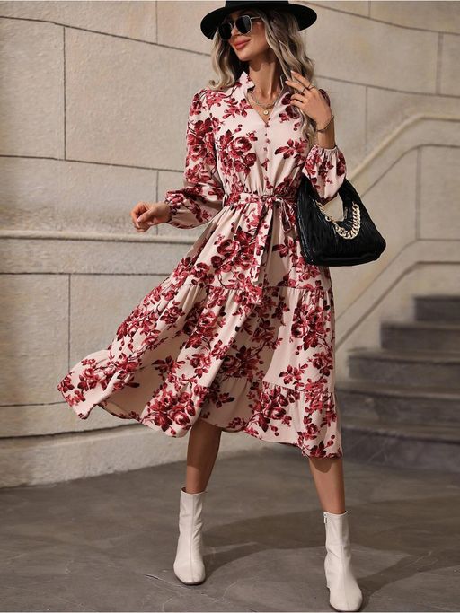 KOTTY Women Fit & Flared Floral Print Pink Printed Midi Dress with Belt (Set of 2)