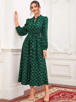 KOTTY - Women Fit & Flared Printed Green Maxi Dress with Belt (Set of 2)
