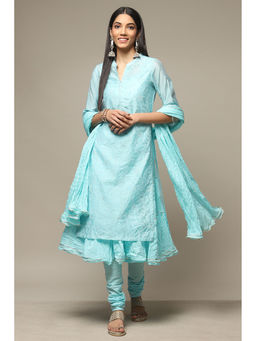 Biba - Womens Blue Printed Poly Viscose Straight Kurta (Set of 2)