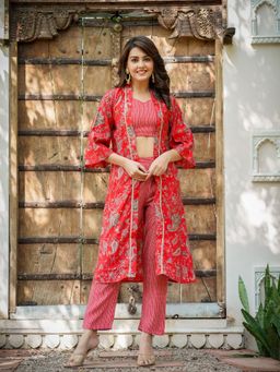 Yufta - Women Muslin Red Co-Ord with Top and Pant (Set of 3)