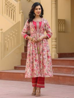 Yufta - Woman Pink Embroidered Jacket Crop Top Co-Ord (Set of 3)