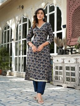 Yufta - Women Navy Blue Printed Zari Work Kurta Pants (Set of 2)