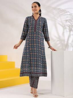 Yufta - Women Blue Pure Cotton Geometric Print A-Line Kurta Pants (Set of 2)