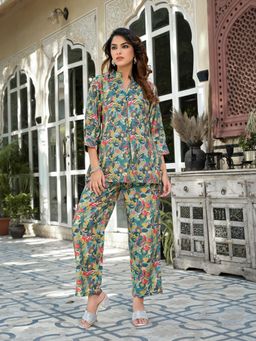 Yufta - Women Sea Green Silk Blend Floral Print Co-Ord (Set of 2)