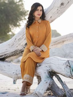 Yufta - Mustard Woven Design Co-Ord with Gota Detailing (Set of 2)