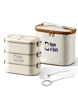 House of Quirk - Beige Steel Lunch Box for Adults Stackable Containers with Insulated Thermal Case