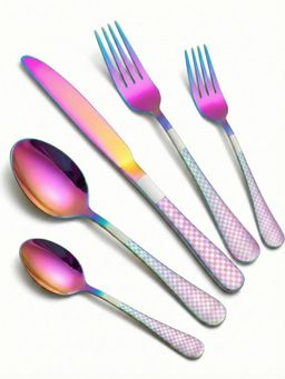 YELONA - Dining Cutlery Set Premium Checkered 5 Pcs Rainbow Multi-Colour