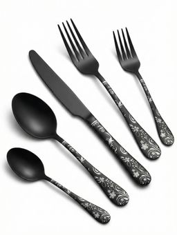 YELONA - Stainless Steel Cutlery Set Floral Engraved 5 Pcs Charcoal Black