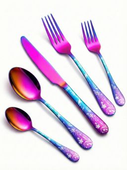 YELONA - Stainless Steel Cutlery Set Floral Engraved 5 Pcs Rainbow Multi-Colour