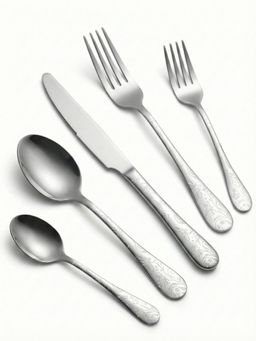 YELONA - Stainless Steel Cutlery Set Floral Engraved 5 Pcs Silver